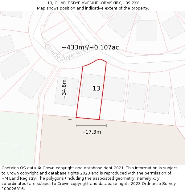 13, CHARLESBYE AVENUE, ORMSKIRK, L39 2XY: Plot and title map
