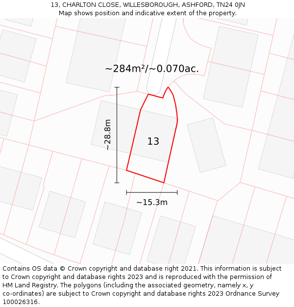 13, CHARLTON CLOSE, WILLESBOROUGH, ASHFORD, TN24 0JN: Plot and title map