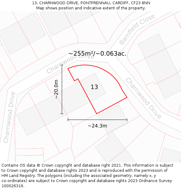13, CHARNWOOD DRIVE, PONTPRENNAU, CARDIFF, CF23 8NN: Plot and title map