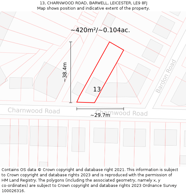 13, CHARNWOOD ROAD, BARWELL, LEICESTER, LE9 8FJ: Plot and title map