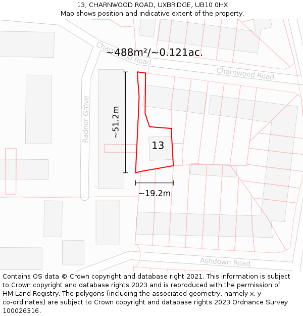 13, CHARNWOOD ROAD, UXBRIDGE, UB10 0HX: Plot and title map