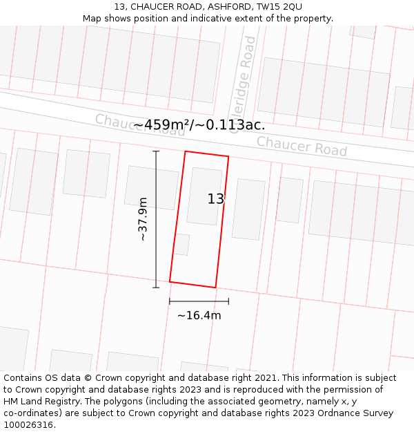 13, CHAUCER ROAD, ASHFORD, TW15 2QU: Plot and title map