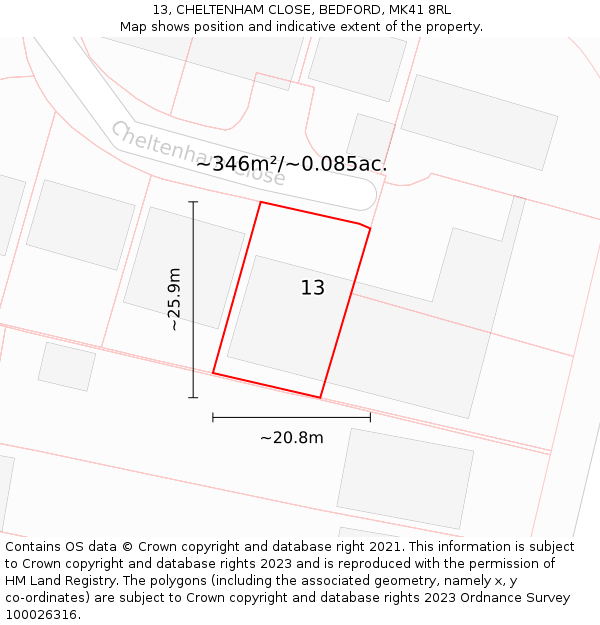 13, CHELTENHAM CLOSE, BEDFORD, MK41 8RL: Plot and title map