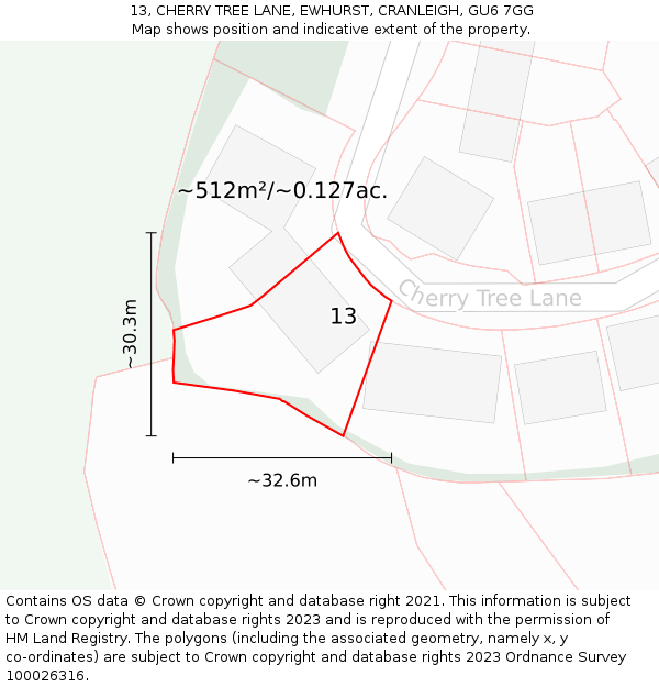 13, CHERRY TREE LANE, EWHURST, CRANLEIGH, GU6 7GG: Plot and title map
