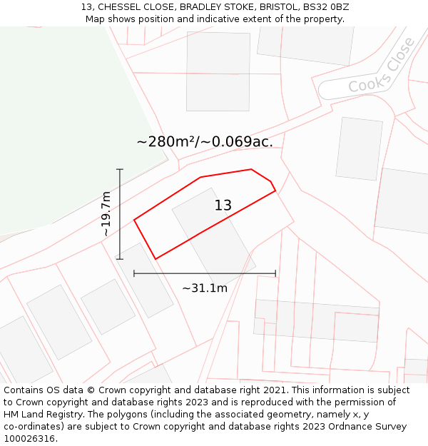 13, CHESSEL CLOSE, BRADLEY STOKE, BRISTOL, BS32 0BZ: Plot and title map