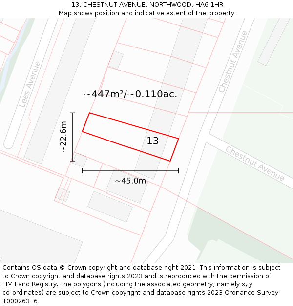 13, CHESTNUT AVENUE, NORTHWOOD, HA6 1HR: Plot and title map