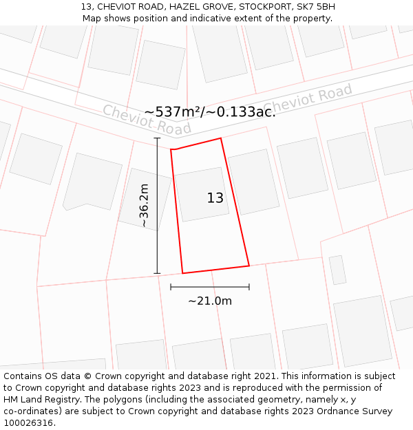 13, CHEVIOT ROAD, HAZEL GROVE, STOCKPORT, SK7 5BH: Plot and title map