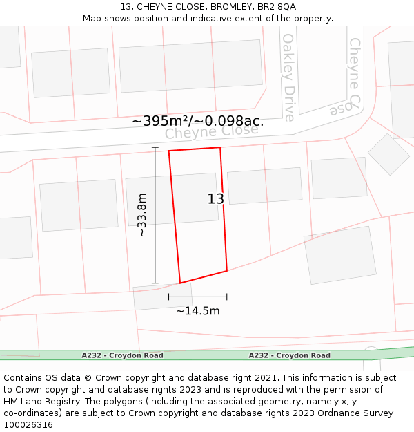 13, CHEYNE CLOSE, BROMLEY, BR2 8QA: Plot and title map