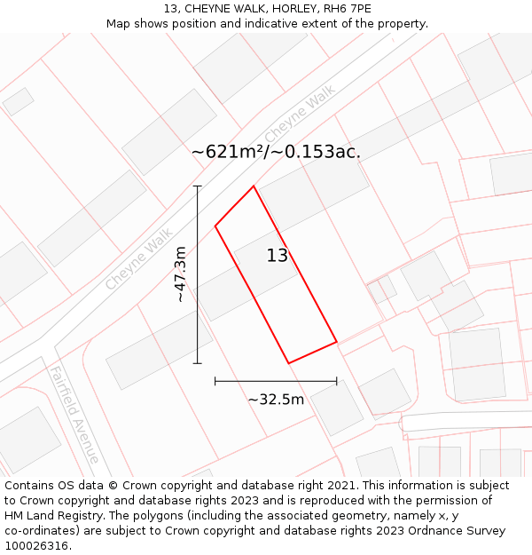 13, CHEYNE WALK, HORLEY, RH6 7PE: Plot and title map