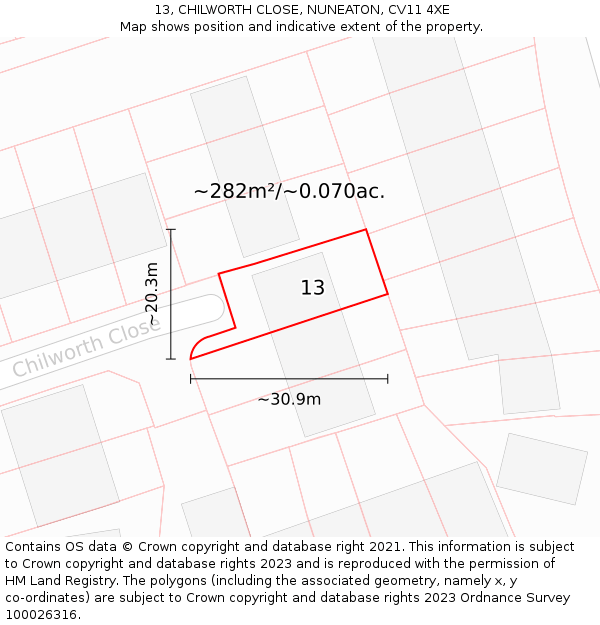 13, CHILWORTH CLOSE, NUNEATON, CV11 4XE: Plot and title map