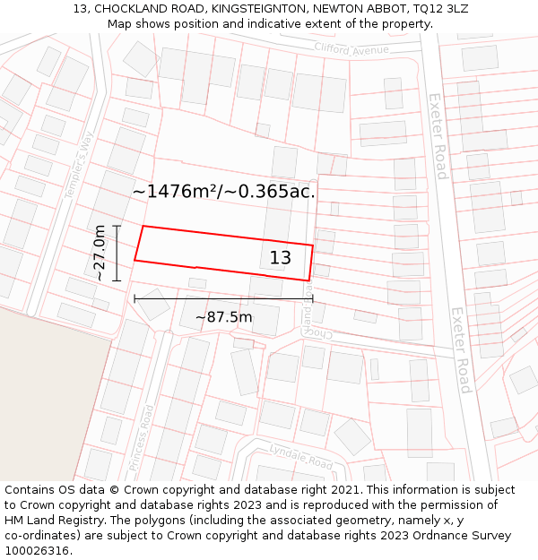 13, CHOCKLAND ROAD, KINGSTEIGNTON, NEWTON ABBOT, TQ12 3LZ: Plot and title map