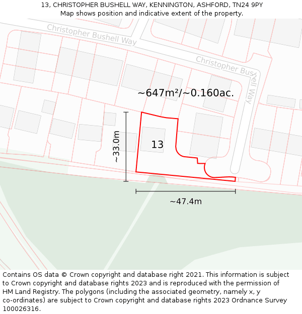 13, CHRISTOPHER BUSHELL WAY, KENNINGTON, ASHFORD, TN24 9PY: Plot and title map