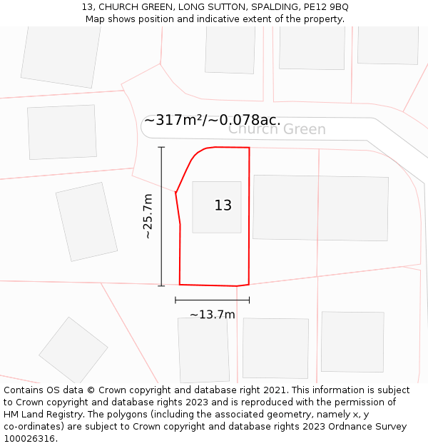 13, CHURCH GREEN, LONG SUTTON, SPALDING, PE12 9BQ: Plot and title map