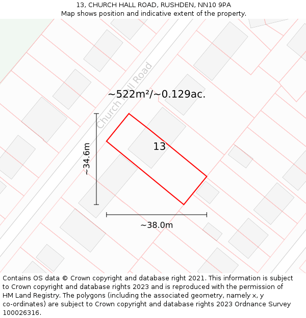 13, CHURCH HALL ROAD, RUSHDEN, NN10 9PA: Plot and title map