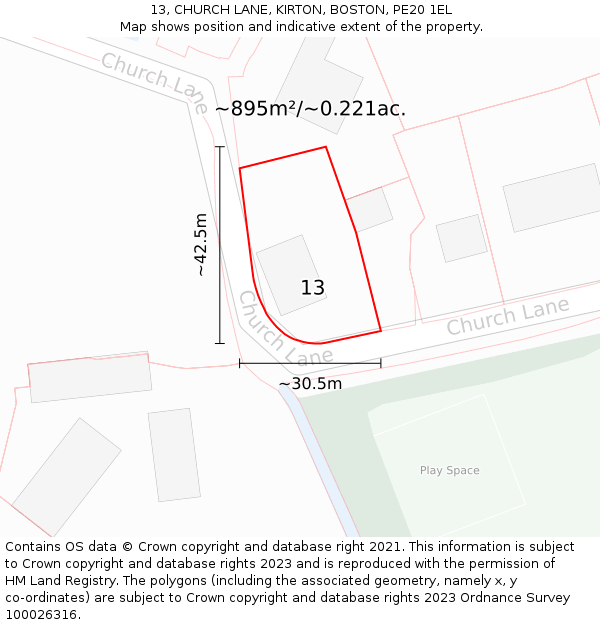 13, CHURCH LANE, KIRTON, BOSTON, PE20 1EL: Plot and title map