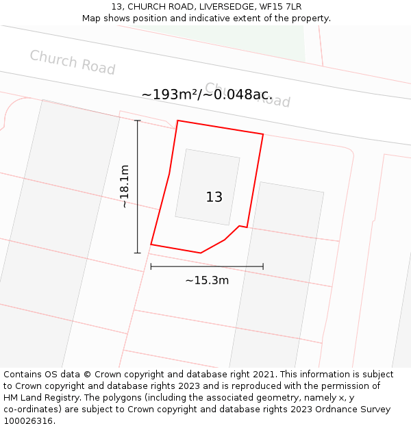 13, CHURCH ROAD, LIVERSEDGE, WF15 7LR: Plot and title map