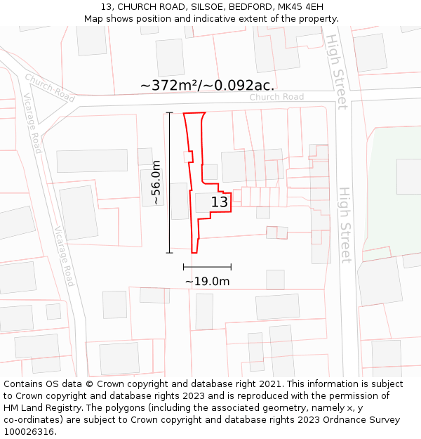 13, CHURCH ROAD, SILSOE, BEDFORD, MK45 4EH: Plot and title map