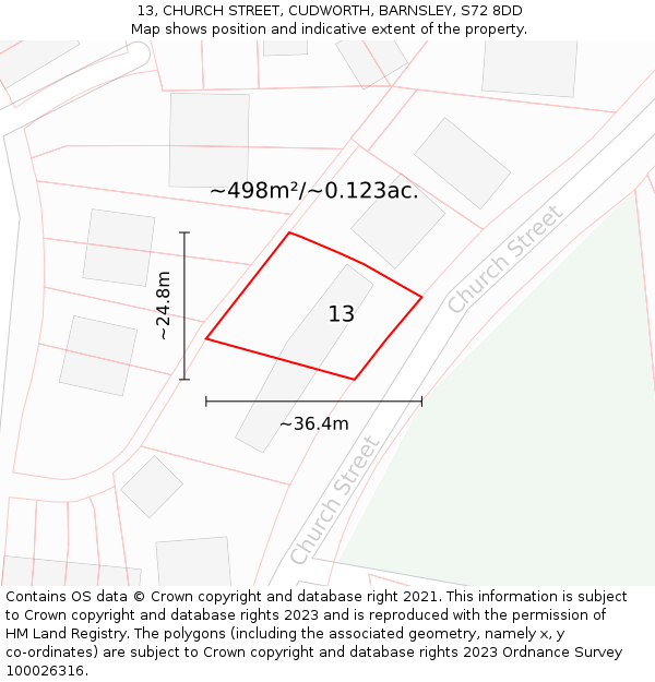 13, CHURCH STREET, CUDWORTH, BARNSLEY, S72 8DD: Plot and title map