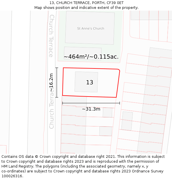 13, CHURCH TERRACE, PORTH, CF39 0ET: Plot and title map