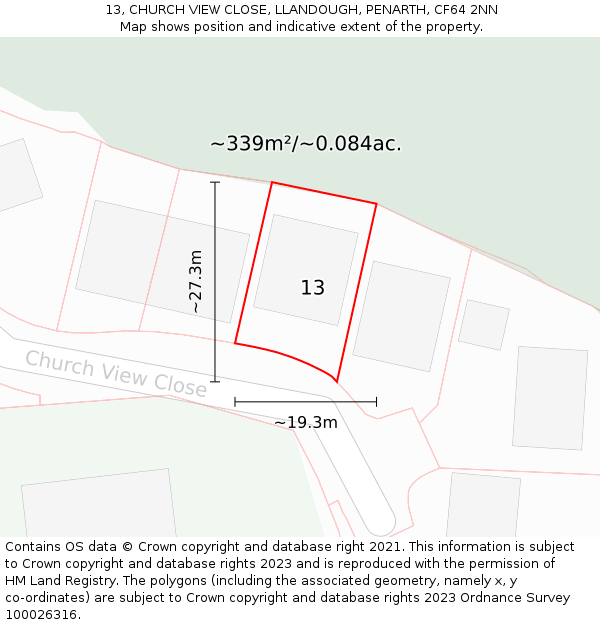 13, CHURCH VIEW CLOSE, LLANDOUGH, PENARTH, CF64 2NN: Plot and title map