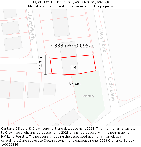 13, CHURCHFIELDS, CROFT, WARRINGTON, WA3 7JR: Plot and title map