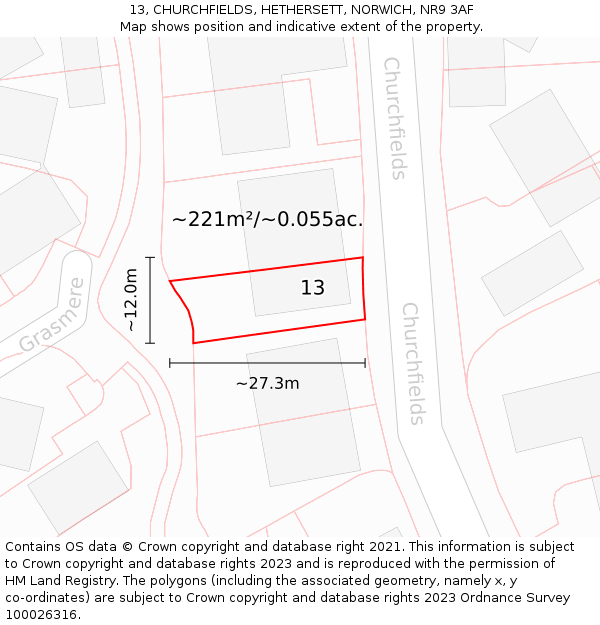13, CHURCHFIELDS, HETHERSETT, NORWICH, NR9 3AF: Plot and title map