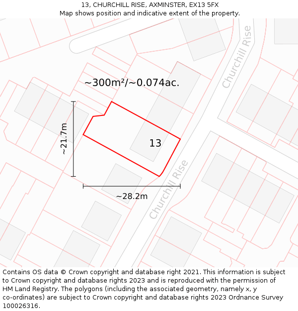 13, CHURCHILL RISE, AXMINSTER, EX13 5FX: Plot and title map
