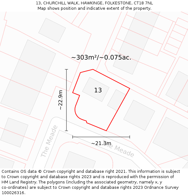13, CHURCHILL WALK, HAWKINGE, FOLKESTONE, CT18 7NL: Plot and title map