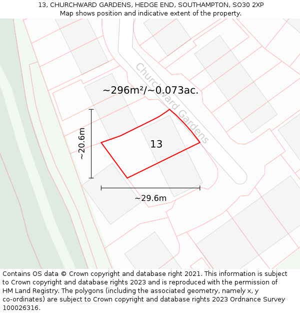 13, CHURCHWARD GARDENS, HEDGE END, SOUTHAMPTON, SO30 2XP: Plot and title map