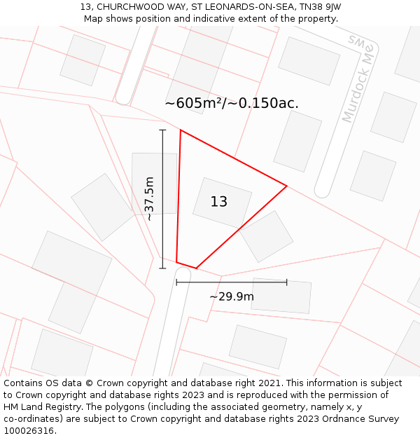13, CHURCHWOOD WAY, ST LEONARDS-ON-SEA, TN38 9JW: Plot and title map