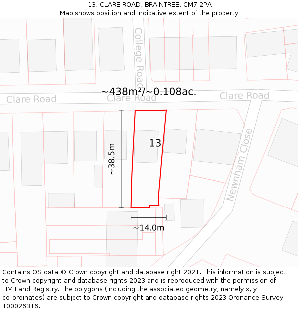 13, CLARE ROAD, BRAINTREE, CM7 2PA: Plot and title map