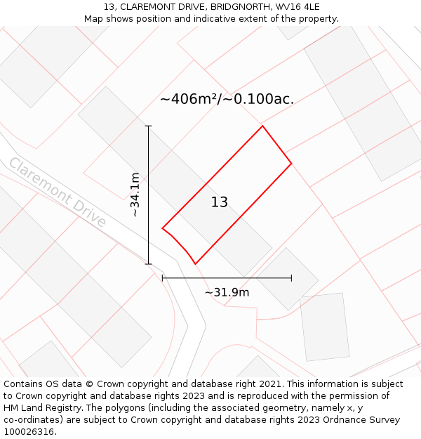 13, CLAREMONT DRIVE, BRIDGNORTH, WV16 4LE: Plot and title map