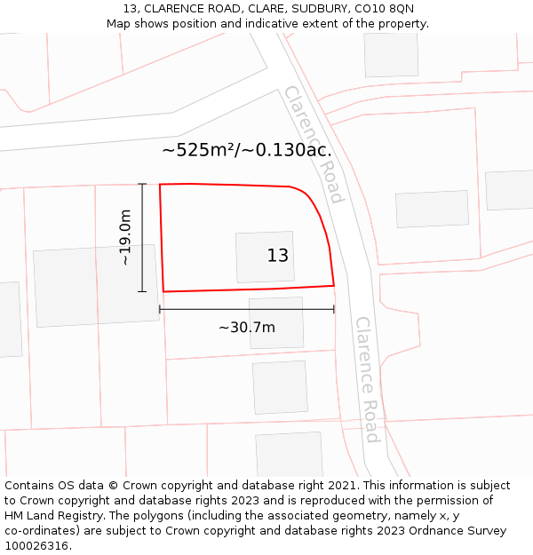 13, CLARENCE ROAD, CLARE, SUDBURY, CO10 8QN: Plot and title map