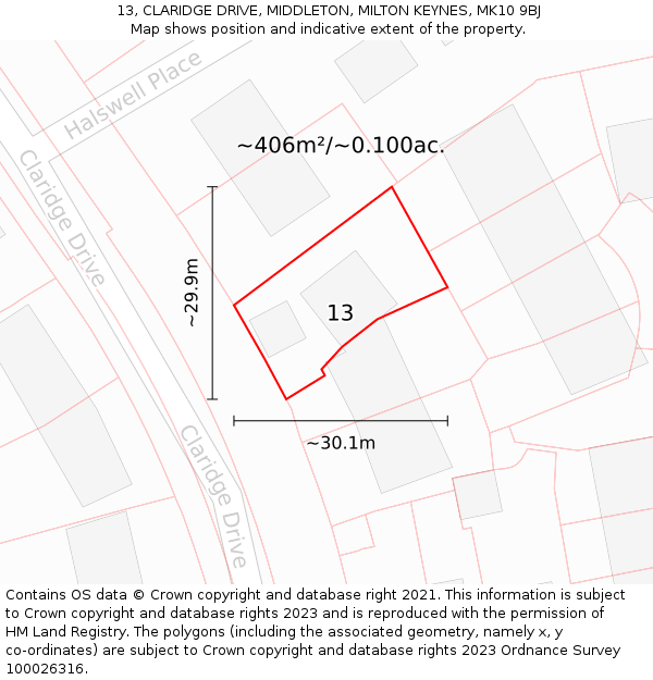 13, CLARIDGE DRIVE, MIDDLETON, MILTON KEYNES, MK10 9BJ: Plot and title map