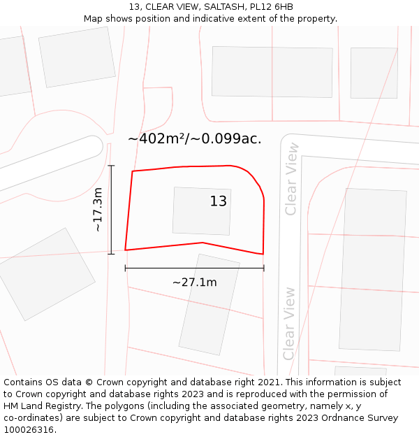 13, CLEAR VIEW, SALTASH, PL12 6HB: Plot and title map