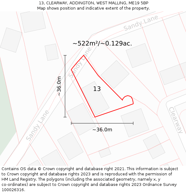 13, CLEARWAY, ADDINGTON, WEST MALLING, ME19 5BP: Plot and title map