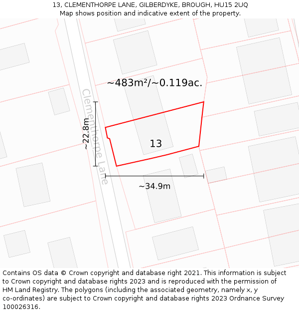 13, CLEMENTHORPE LANE, GILBERDYKE, BROUGH, HU15 2UQ: Plot and title map