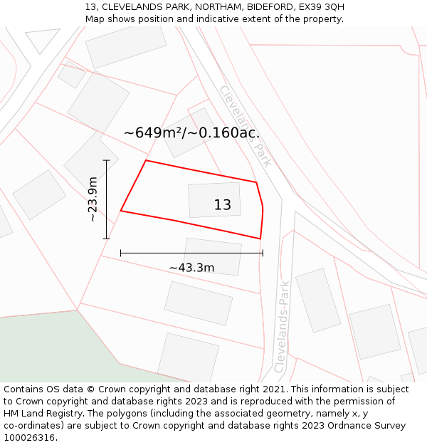 13, CLEVELANDS PARK, NORTHAM, BIDEFORD, EX39 3QH: Plot and title map