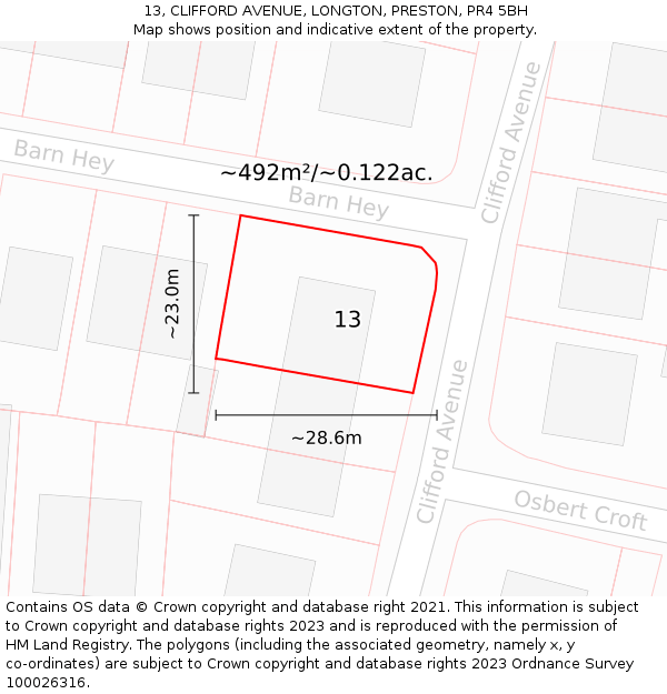 13, CLIFFORD AVENUE, LONGTON, PRESTON, PR4 5BH: Plot and title map