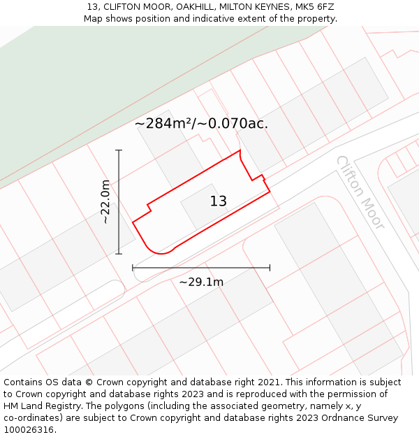 13, CLIFTON MOOR, OAKHILL, MILTON KEYNES, MK5 6FZ: Plot and title map