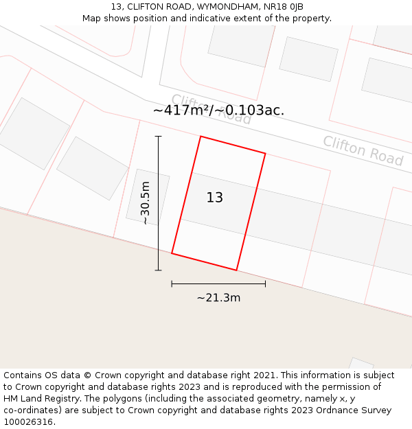 13, CLIFTON ROAD, WYMONDHAM, NR18 0JB: Plot and title map