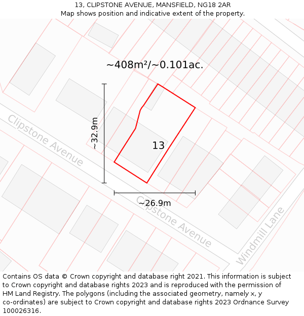 13, CLIPSTONE AVENUE, MANSFIELD, NG18 2AR: Plot and title map