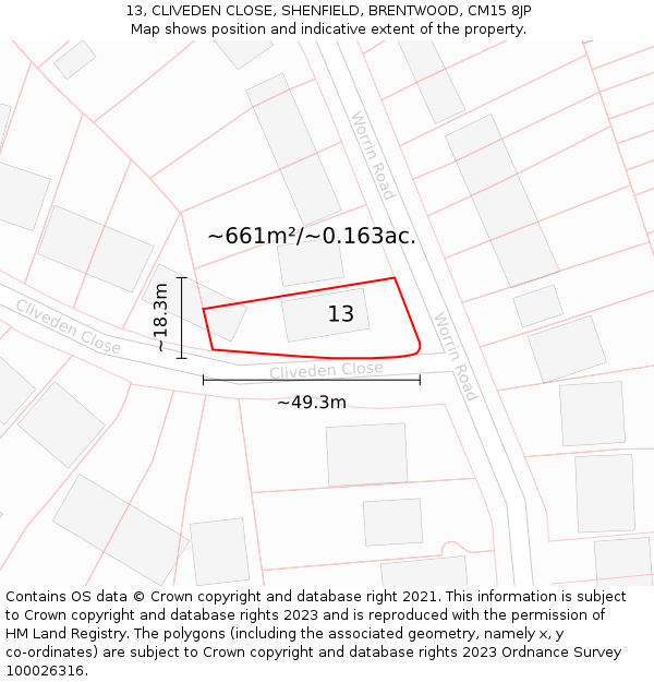 13, CLIVEDEN CLOSE, SHENFIELD, BRENTWOOD, CM15 8JP: Plot and title map