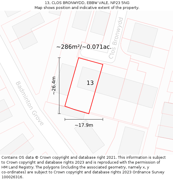 13, CLOS BRONWYDD, EBBW VALE, NP23 5NG: Plot and title map