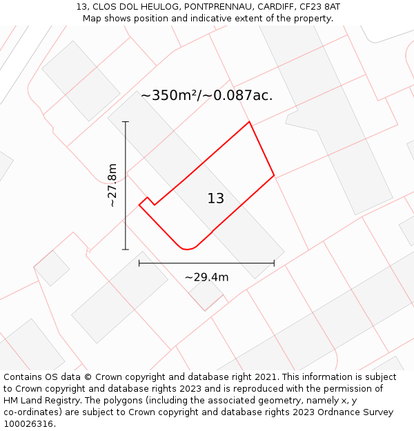 13, CLOS DOL HEULOG, PONTPRENNAU, CARDIFF, CF23 8AT: Plot and title map