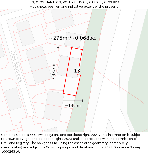 13, CLOS NANTEOS, PONTPRENNAU, CARDIFF, CF23 8XR: Plot and title map