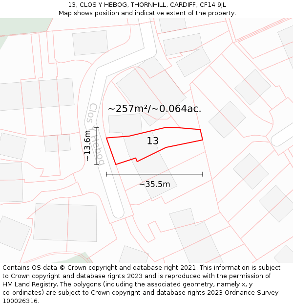 13, CLOS Y HEBOG, THORNHILL, CARDIFF, CF14 9JL: Plot and title map