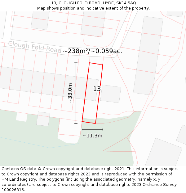 13, CLOUGH FOLD ROAD, HYDE, SK14 5AQ: Plot and title map