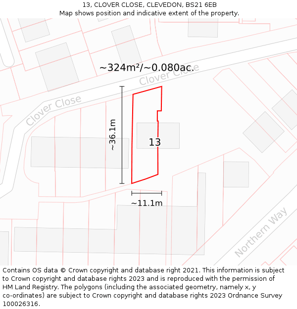 13, CLOVER CLOSE, CLEVEDON, BS21 6EB: Plot and title map