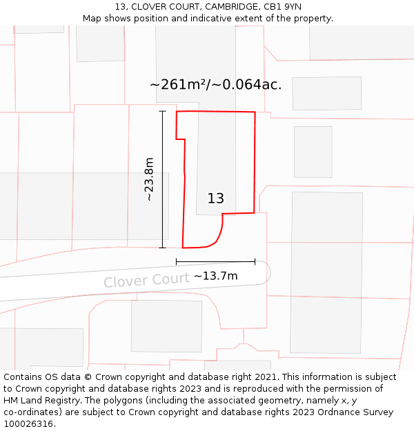 13, CLOVER COURT, CAMBRIDGE, CB1 9YN: Plot and title map
